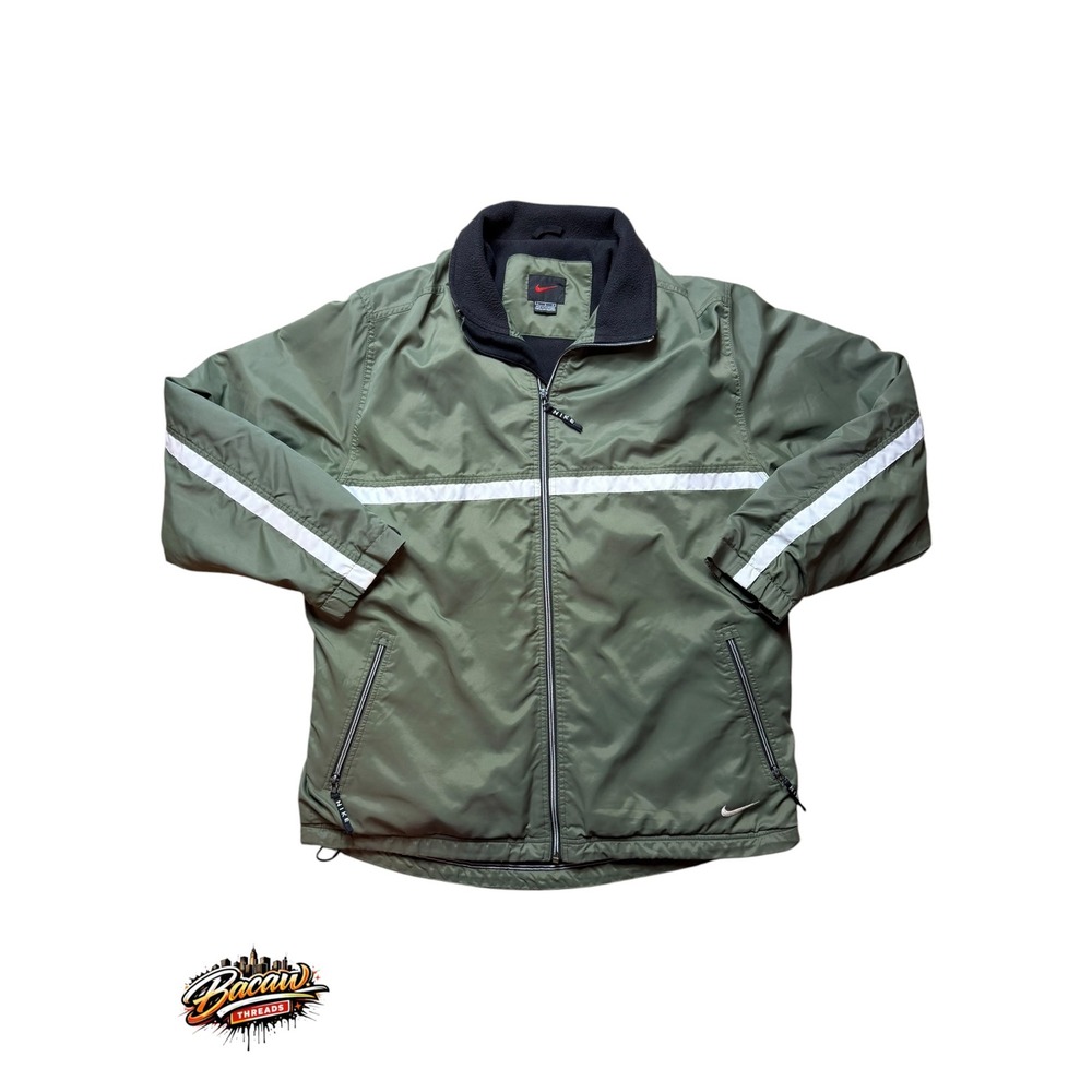 Vintage Nike Fleece Lined Windbreaker Jacket Olive Green White Stripe Mens L